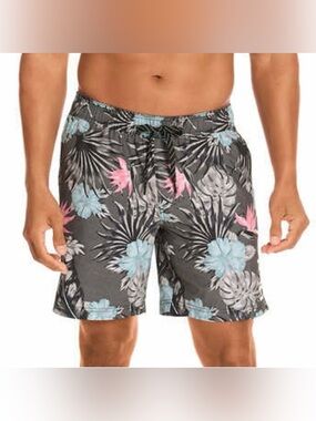 Hurley Gray Swim Trunks with Pink & Light Blue Tropical Print